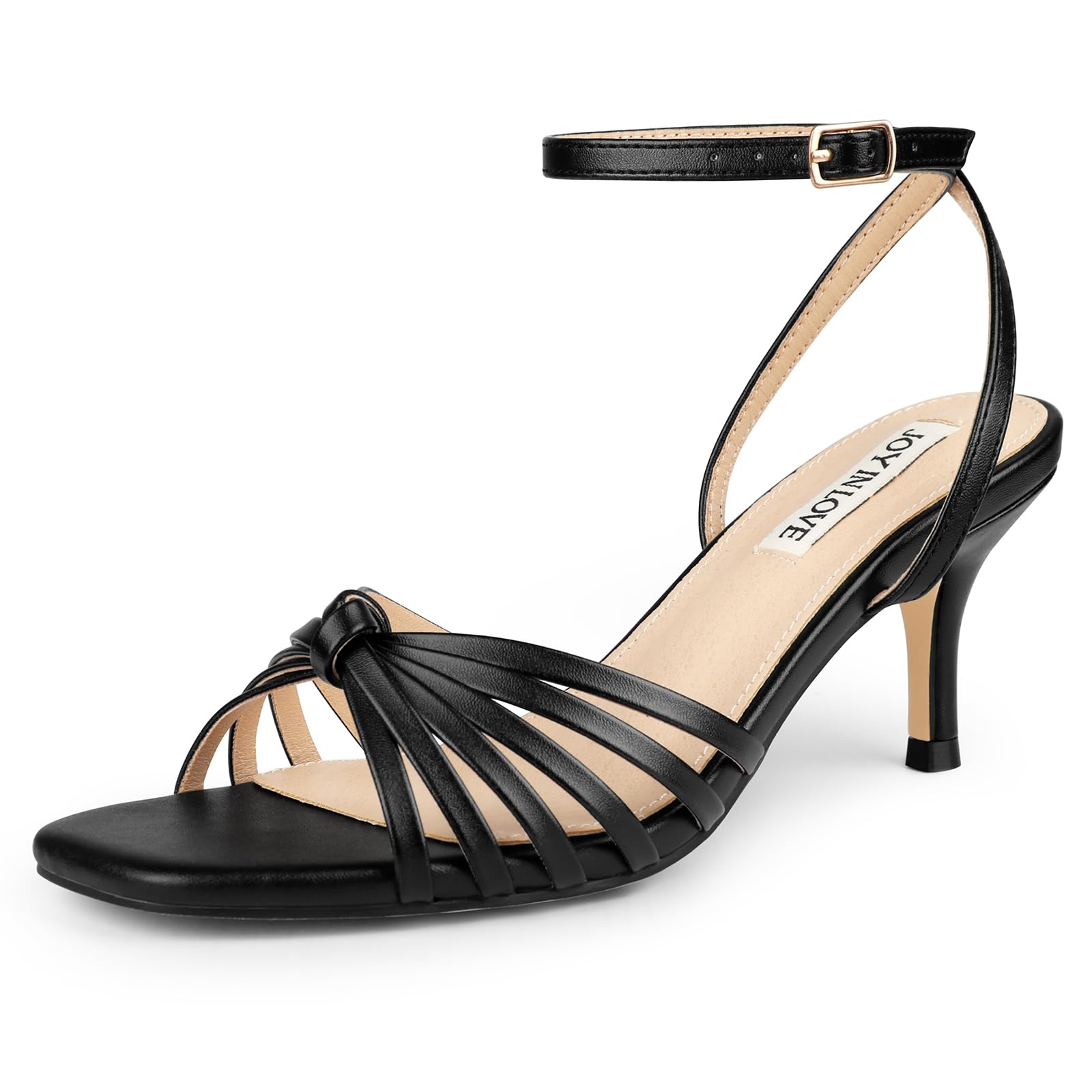 Photo 1 of JOY IN LOVE Women's Kitten Low Strappy Heels Ankle Strap Heeled Sandals Black Matte US9