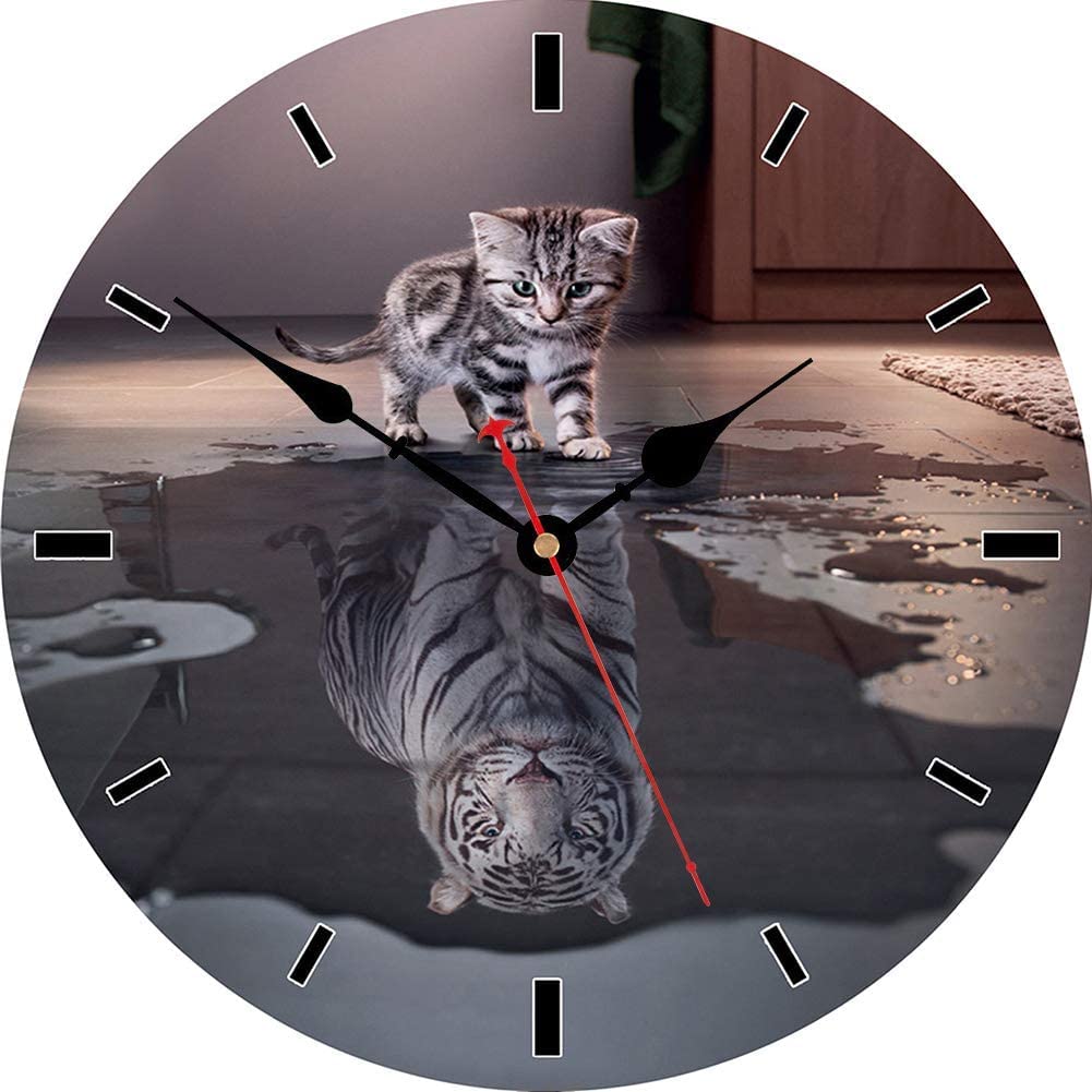 VIKMARI 14 inch Cat and Tiger Pattern Round Wall Clock Quartz Movement Silent Non-Ticking Wooden Wall Clocks for Kitchen,Living Room,Bedroom,Kids Room and Office Wall Decorations