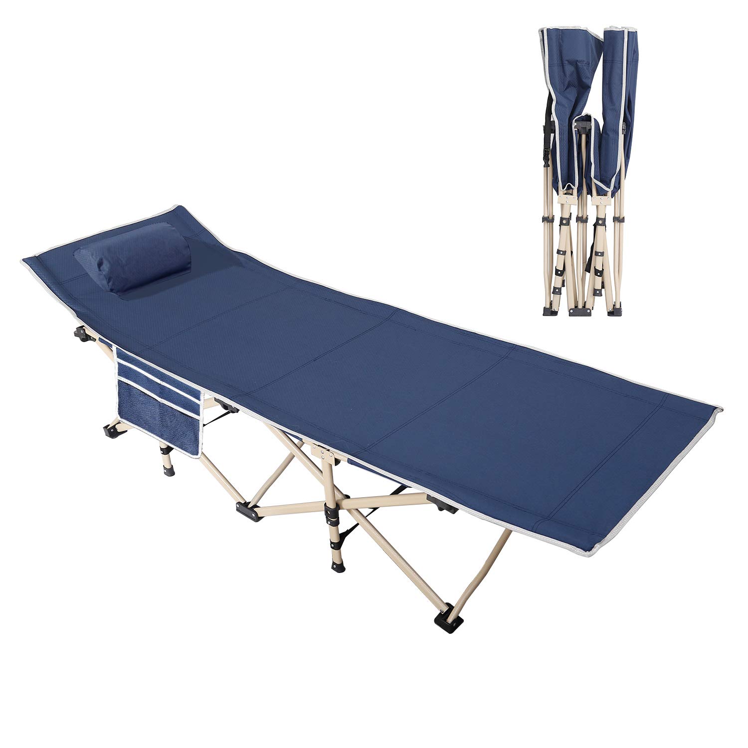 DlandHome Folding Camp Bed Outdoor Folding Chair Bed for Fishing or Camping, Foldable Camping Bed with Suede Pad & Side Bag & Free Pillow, Navy