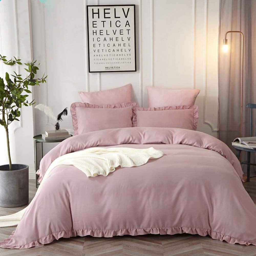 Lanqinglv 3 Pieces Pink Duvet Cover Set Double Bed Cotton Ruffle Bedding Sets Plain Romantic Quilt Cover 200x200cm with Zipper and 2 Pillowcases 50x75cm