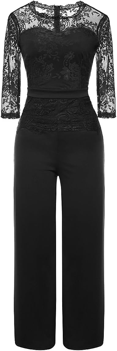 Misschicy Women's 3/4 Sleeve Round Neck Lace Top Mesh Elegant Wide Leg Long Pants Party Jumpsuits Romper