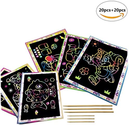 Sc0nni 20pcs Scratch Art Papers and 20pcs Wood Stylus Tools,Children's Good Gift,Good Award For Student (Random style)