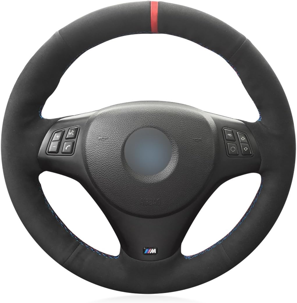 MEWANT Black Suede Steering Wheel Sleeve Protector for BMW 1 Series E81 E82 E87 E88 2008-2013 BMW 3 Series E90 E91 E92 E93 2006-2011 BMW M3 E90 E92 E93 2008-2013 with Red Marker