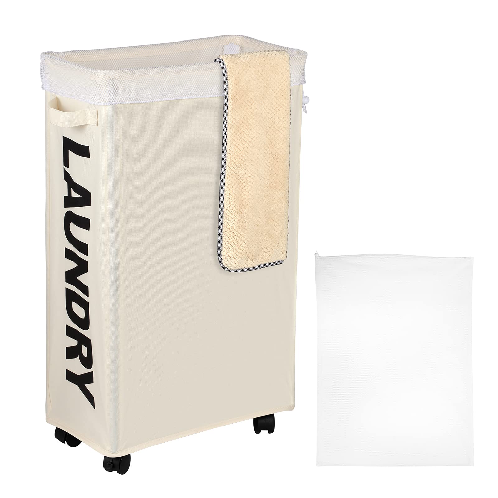 IHOMAGIC 62L Laundry Baskets on Wheels – Decorative Foldable Laundry Hamper with Removable Mesh Laundry Bags, Large Corner Storage Bins Handles for Storing Bedroom Clothes (Beige)