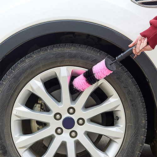Jscarlife Universal Car Auto Motorcycle Wheel Tyre Tire Rim Hub Long Brush Scrub Cleaning Washing Tool Pink