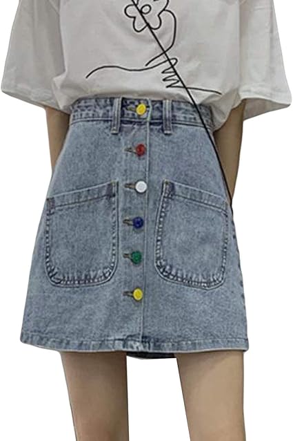 Amazon ニカ レディース ミニスカート 夏 デニム フレアスカート レディース ハイウエスト ポケット付き ボタン付き カラフル Aライン デート 通学 レディース ミニスカート 台形 ゆったり スカート 通販