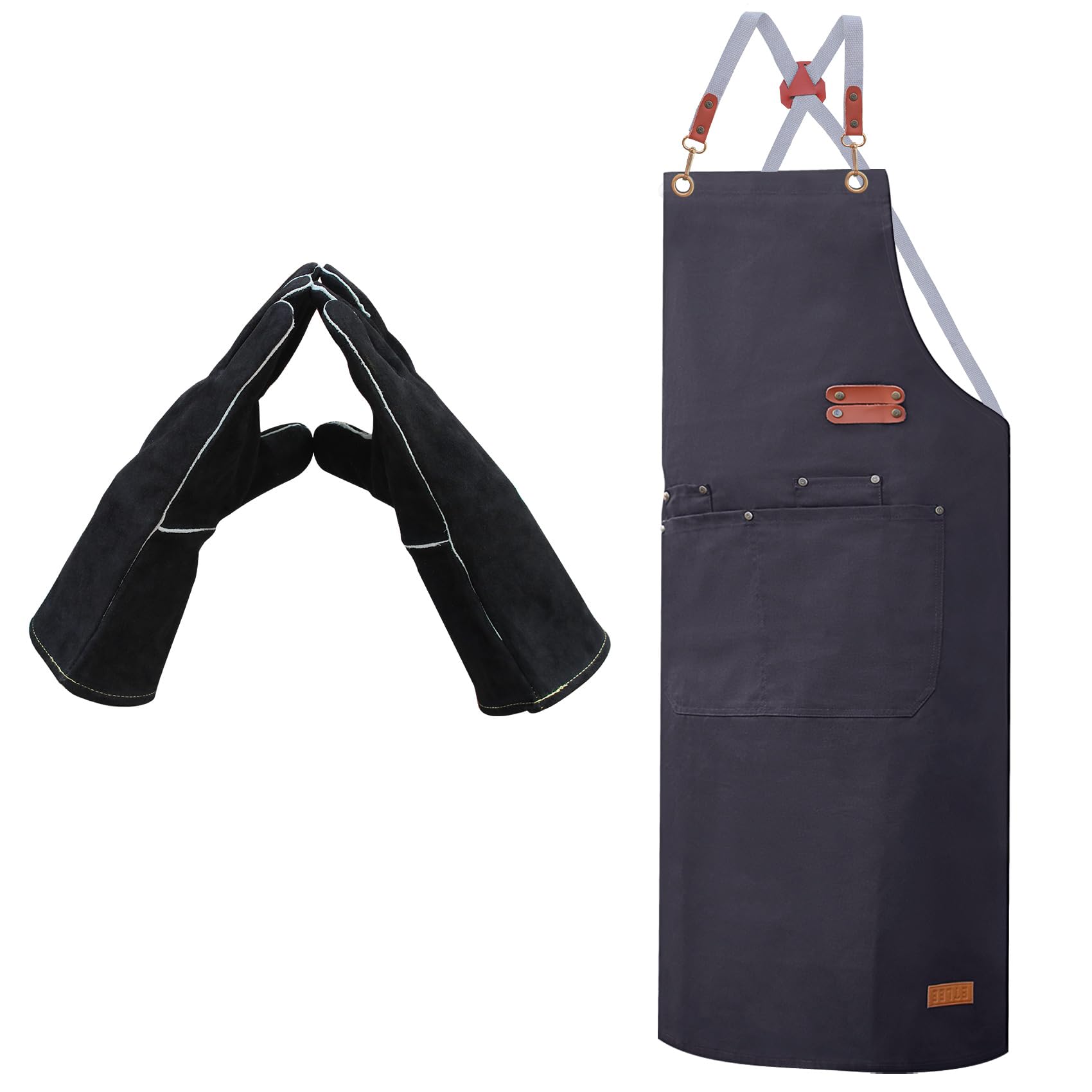 ETLEE Barbecue Gloves Heat Resistant 300°C Leather + Grill Apron for Men - Oven Gloves & Cooking Apron Men with Metal Buttons, BBQ Accessories Gift for BBQ, Kitchen, Cooking Apron & BBQ Gloves, 90*75