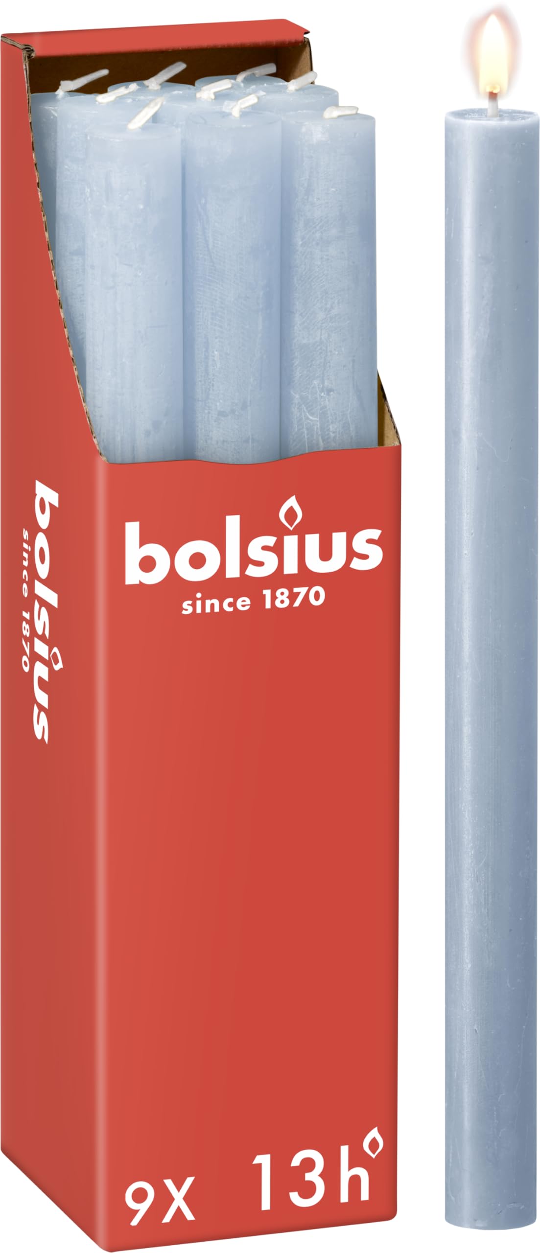 Bolsius Rustic Dinner Candles - Stormy Sky Blue - Pack of 9 - Long Burning Time of 13 Hours - Household Candle - Interior Decoration - Unscented - Includes Natural Vegan Wax - 27 x 2.3 cm