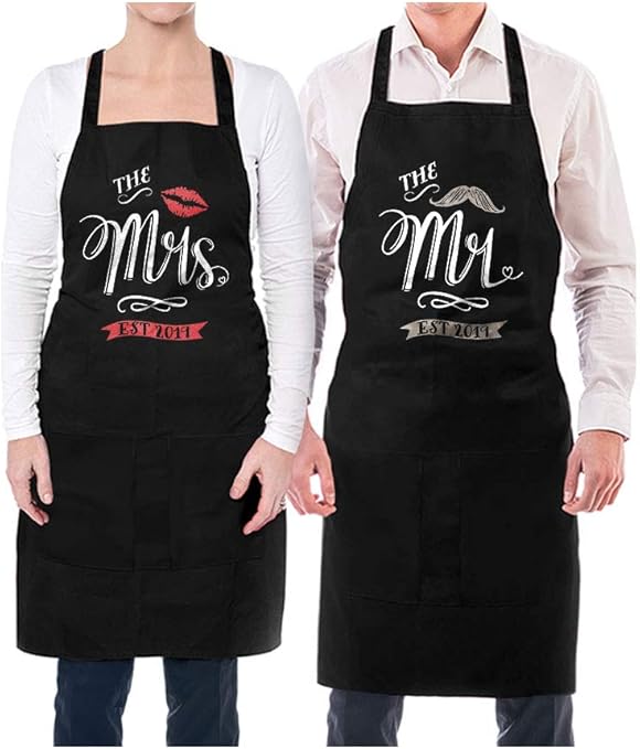 Black OS Aprons Gift for Couples His & Hers Cooking Chef Apron Mrs and