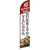 Hillsuren Tacos Burritos 12 ft Feather Flag Mexican Restaurant Advertising Swooper Flag Windless Banner for Business Mexican Restaurant Outside(Mount and Poles Not Included, Single Side Printing)