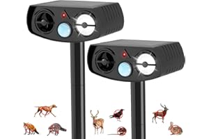 Outdoll Solar Powered Animal Repeller, Ultrasonic Pest Deterrent with LED Strobe Light, Green, Motion Sensor, 14.8 Inch Stake, for Yard Garden 2 Packs