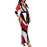 Nmoder Maxi Dress for Women Long Church Cocktail Casual Dresses Colorblock Front Split 3/4 Sleeve V Neck Pencil Dress