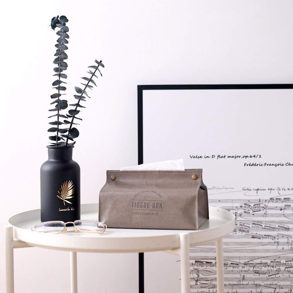 Decorative PU Leather Tissue Box Holder, Rectangular Tissue Facial Paper Cover Case, Letter Print Foldable Napkins Dispenser Container for Living Room Bedroom Dressers Home Office (Grey)