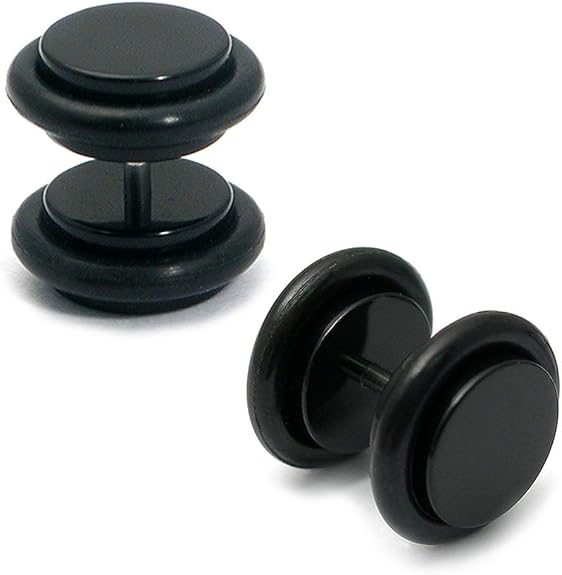Pair of Black Round Fake Ear Plug Earrings (11mm including rubber o