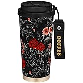 Selerdon 17 oz Insulated Coffee Mug Vintage Roses with Straw and Leak Proof Lid Double Wall Water Bottle Stainless Steel Vacuum Thermal Travel Drinking Cup for Hot/Cold Drink
