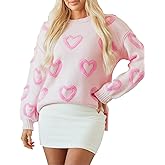 SELINK Women's Fuzzy Heart Sweater Crew Neck Pearl Drop Shoulder Casual Long Sleeve Valentines Sweaters Pullover Tops Pink Heart Shape-XXL