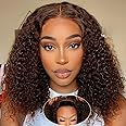 Pinketer Chocolate Brown Glueless Bob Wig Human Hair Wear and Go 4x4 Pre Cut Lace Closure Deep Wave Bob Wig 180% Density Curly Human Hair Wig for Black Women Beginner Friendly (Glueless Wigs, 14inch)