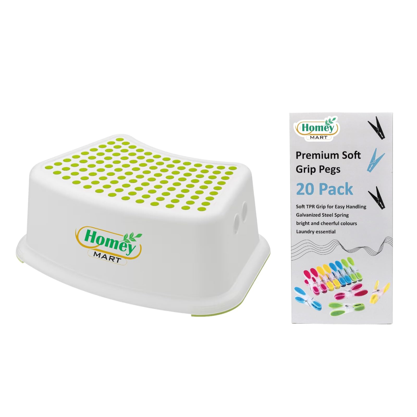 Whatmore 1 x Children’s Step Stool Non-Slip Kids Bathroom Booster Step Stool Plastic & 20 Premium Soft Grip Pegs