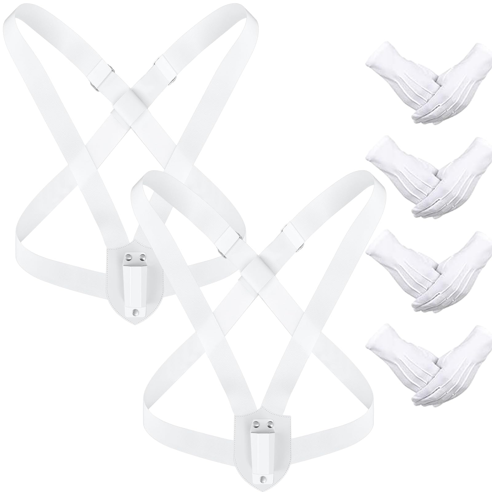 Photo 1 of Jecery 2 Set Double Strap Honor Guard Parade Flag Carrier with 4 Pairs White Parade Gloves Sling 2 Carrying Belt Color Guard Flag Holder White Double Harness Pole Holder