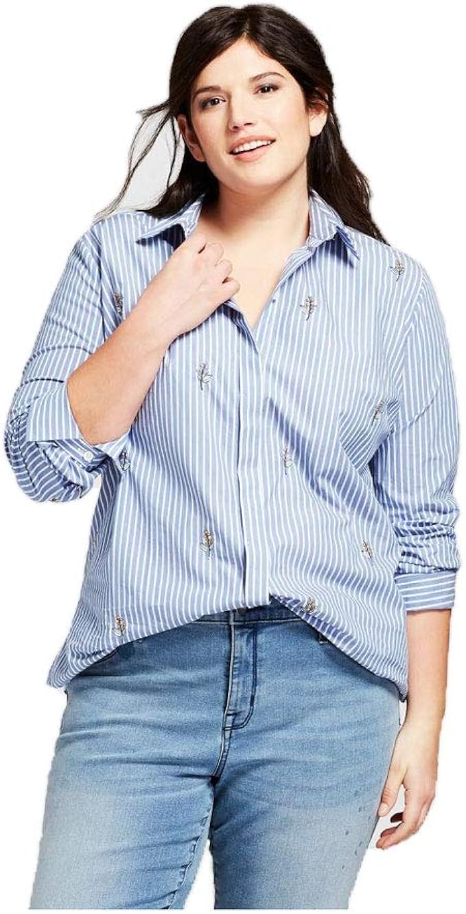 Ava & Viv Women Plus Size ButtonDown Floral Embroidery Long Sleeve