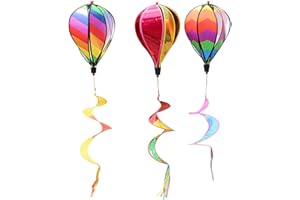 ASKINDS Hot Air Balloon Windmill Spinner Rainbow Windsock Includes Curlie Tail and Colorful Kinetic Hanging Decoration for Garden Yard Outdoor Decor Toy - 3Pack