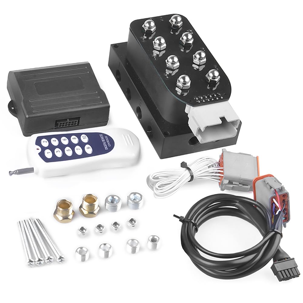 Photo 1 of Universal Air Ride Suspension Manifold 8-Valve 1/4 NPT 12V Air Ride Suspension Manifold Bag Controller Valve Pneumatic Shock Absorber With 10-Button Wireless Remote Controller