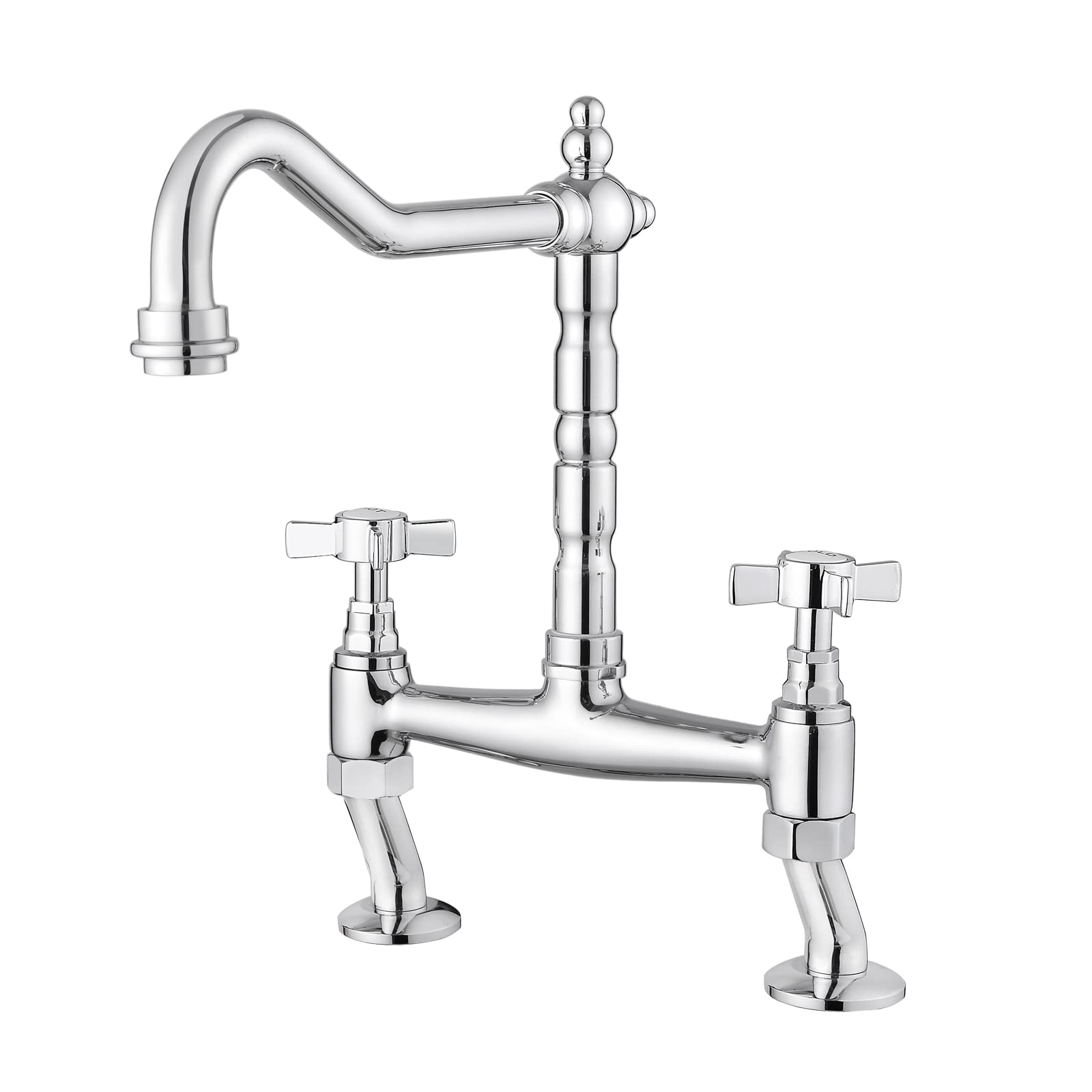 JASSFERRY Classic Bridge Mixer Tap Chrome Crosshead Handles Deck Mounted Monobloc Traditional 2 Hole Kitchen Sink Faucet with Swivel Spout