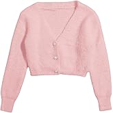 GORGLITTER Women's Fuzzy Crop Sweater Cardigan 2025 Winter Holiday Outfits Chunky Pearl Button Down Long Sleeve Cardigan Light Pink Small
