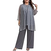 Plus Size Mother of The Bride Pant Suits 3 Piece Elegant Lace Sets Wedding Guest Formal Outfit with Metallic BrightThread