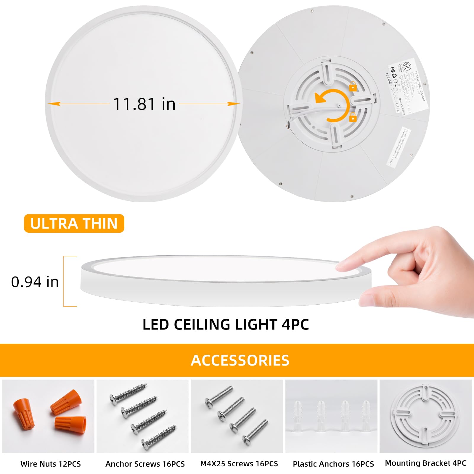 Condition photo showing New/Like New for hlite 4 pack 12 inch super slim flush mount led ceiling light, 24w 2400lm & 3cct selectable (3000k-5