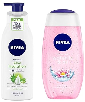 NIVEA Aloe Hydration Body Lotion, 400ml, with deep moisture serum and aloe vera for normal skin & Shower Gel, Waterlilly & Oil, 250ml Combo