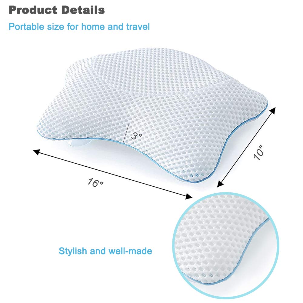 Non Slip Bath Pillow, Luxury Spa Bathtub Head & Neck Rest Support, Permeable Quick Drying Air Mesh Tub Pillow with 4 Large Suction Cups, Whirlpool, Jacuzzi & Standard Tubs, Soft and Relaxing: Beauty