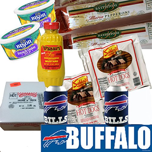 Ultimate Tailgating Grillin' Pack-Sahlen's Hot Dogs (6 lbs), Mineo & Sapio Hot Italian Sausage w/Cheese (2 lbs), Bison Dip, Pepperoni Sticks, Weber’s Mustard, Bills Koozies & Sticker