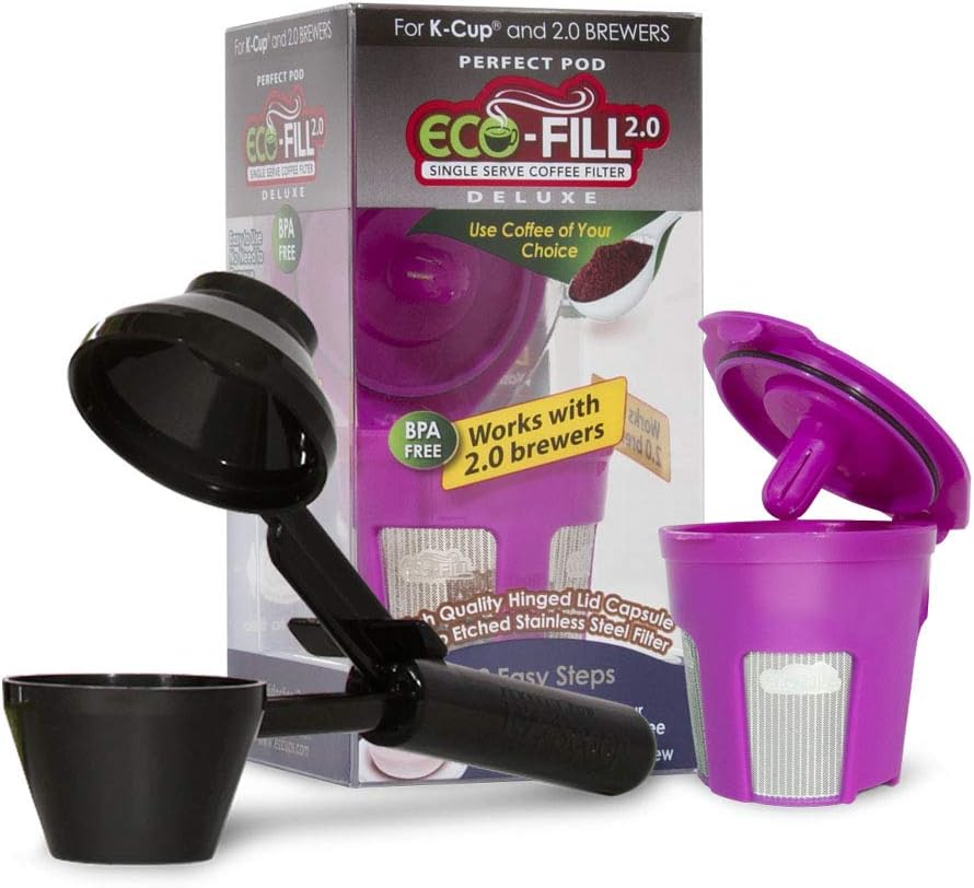 Perfect Pod ECO-Fill 2.0 Deluxe Reusable K-Cup Coffee Pod Filters | Compatible with Keurig 2.0 & Select Single Cup Coffee Makers (Reusable Filter + Coffee Scoop Bundle)