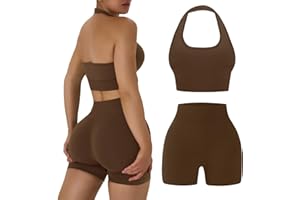 OLCHEE Workout Sets for Women 2 Piece Backless Halter Sports Bra High Waist Booty Shorts Yoga Gym Outfits Lounge Activewear