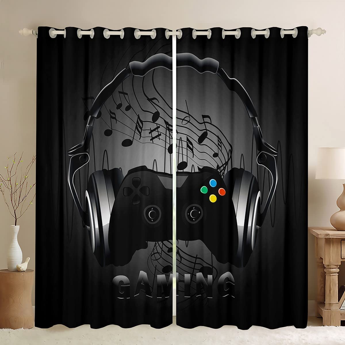Loussiesd Gaming Curtains Black Grey Gamer Curtain for Boys Bedroom Music Headphones Notes Window Drapes Kids Teens Video Game Controller Home Decor Texture Curtains W46*L54 — image 1