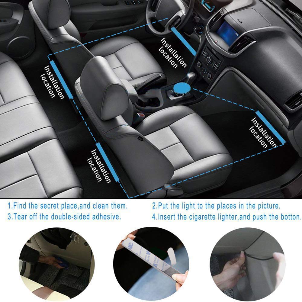 FICBOX Car LED Strip Lights, 4pcs 48 LED Multi Color Music Car Strip Light Under Dash Lighting Waterproof Kit with Sound Active Function and Wireless Remote Control,Car Charger Included