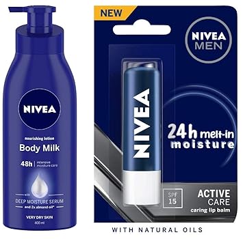 Nivea Nourishing Lotion Body Milk with Deep Moisture Serum and 2x Almond Oil for Very Dry Skin, 400m & MEN Lip Balm, Active Care No Shine (SPF 15), 4.8g Combo