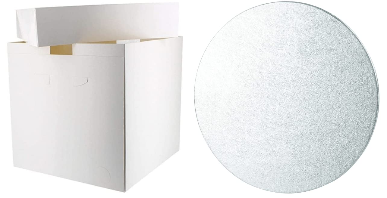 Art of Cake® 5 Tall Cake Box 12 in AND-12 in Round Board-Pack of 5 Drum Cake Board and White Transporting Box Sets