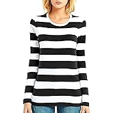 Zecmos Long Sleeve T Shirt Women Striped Tee Crew Neck Wide Stripes Tops Casual