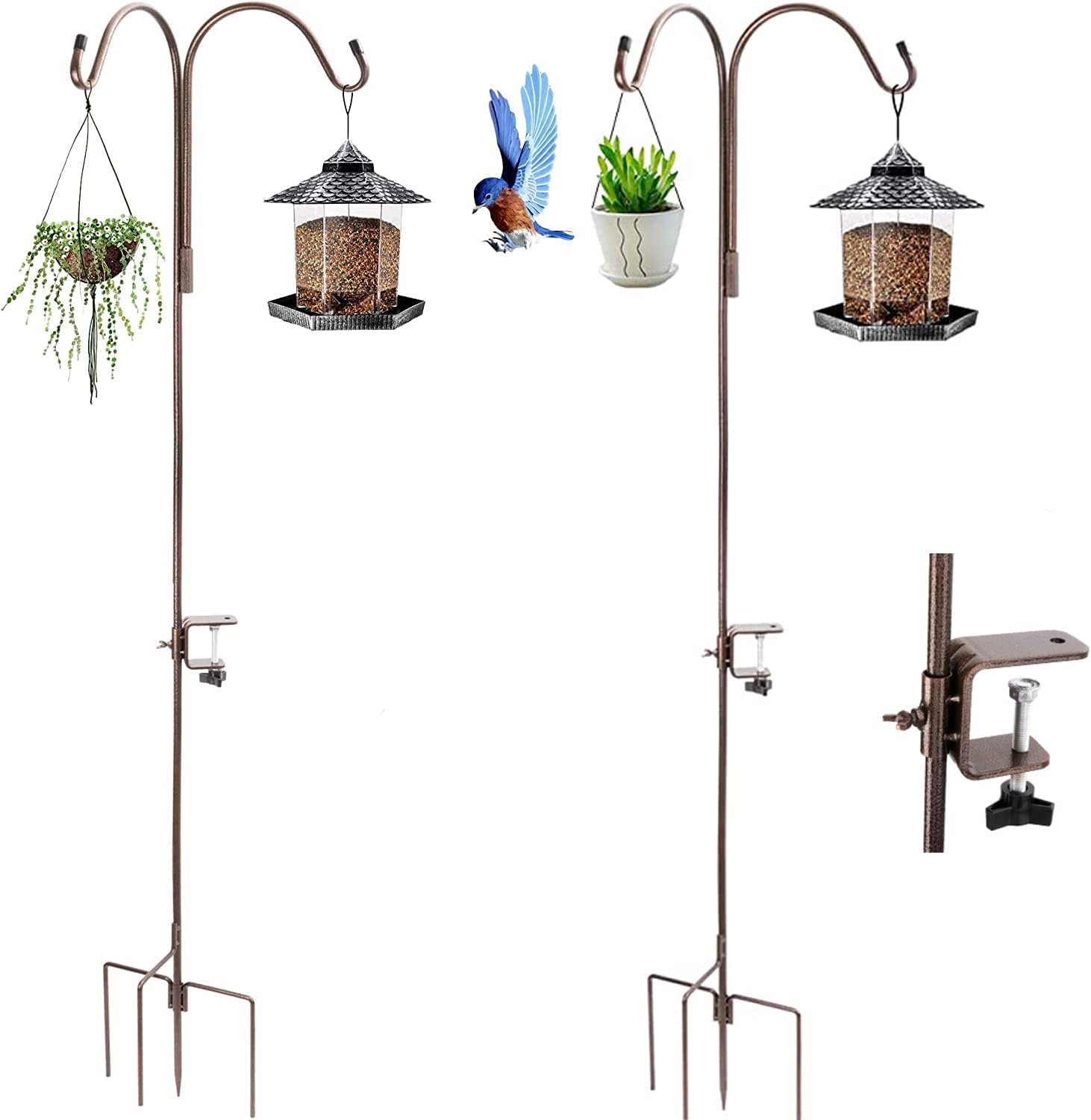 Outdoor Shepherd's Hooks - BOWEITI 65'' Shepherds Hooks, 2-Pack Adjustable 2-Sided Bird Feeder Pole w/4 Base Prongs, Garden Pole for Bird Feeder, Plant Baskets, Decor, Garden Plant Hanger Stands (Copper, 2PCS Normal)