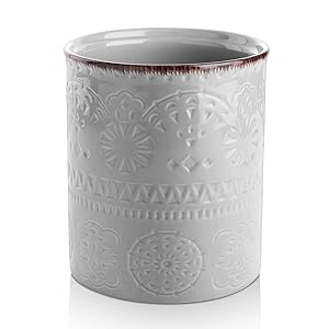 DOWAN Utensil Holder, Ceramic Kitchen Utensil Holder with Cork Mat, Embossed Utensils Holder, Grey