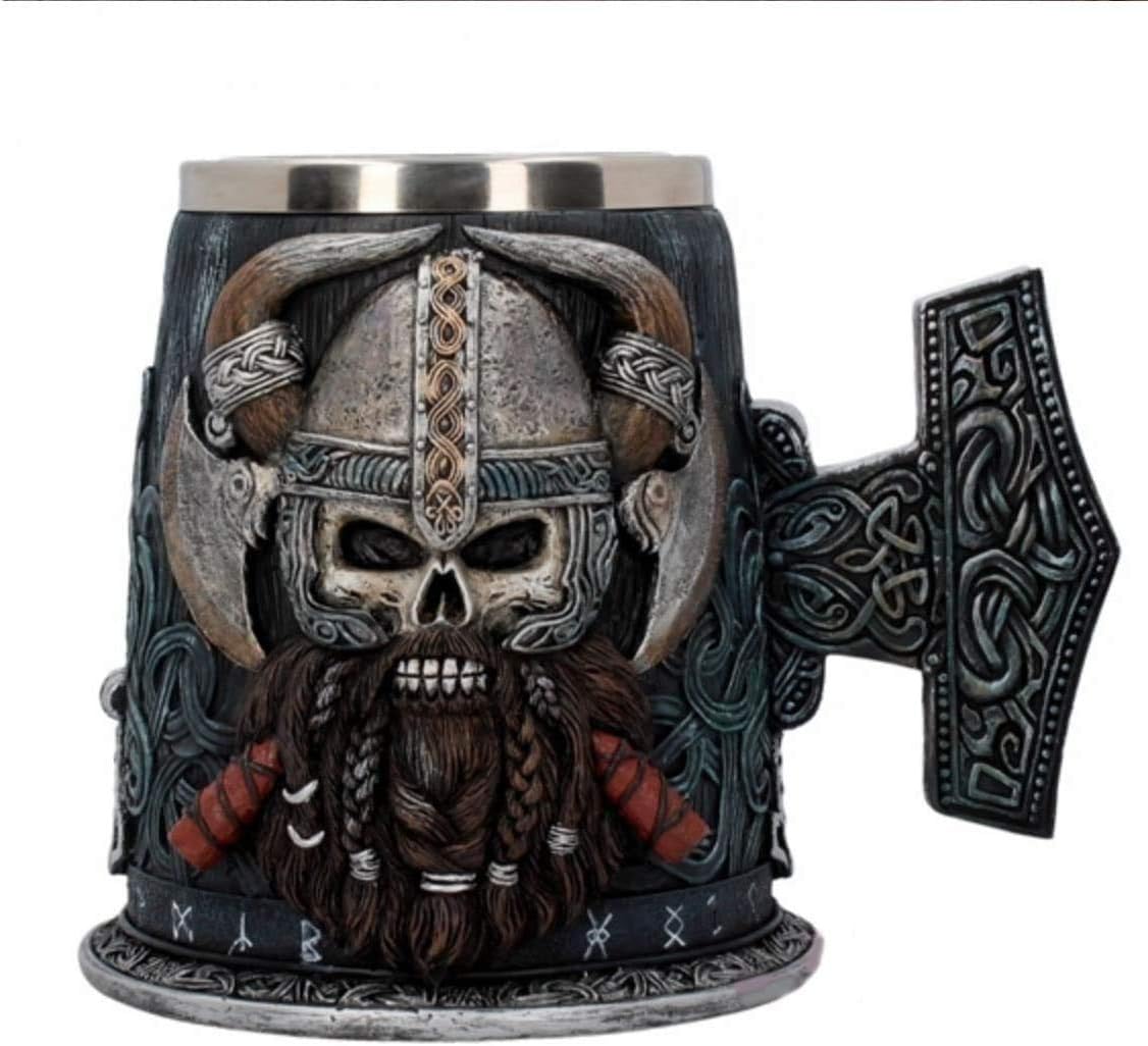 Viking Stainless Décor Beer Coffee | Wooden Warcraft Tankard Helmet Horn Drinking Mug | Gifts for Men Valhalla Odin Medieval Mug 650 ml (Thor's Hammer)