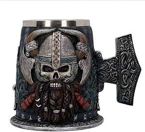 Viking Stainless Décor Beer Coffee | Wooden Warcraft Tankard Helmet Horn Drinking Mug | Gifts for Men Valhalla Odin Medieval Mug 650 ml (Thor's Hammer)
