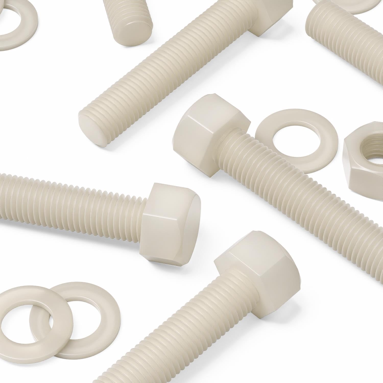 5X Natural Nylon Hex Head, M20 x 100mm, Plastic Nuts and Bolts, Washers, Hexagon, Nylon