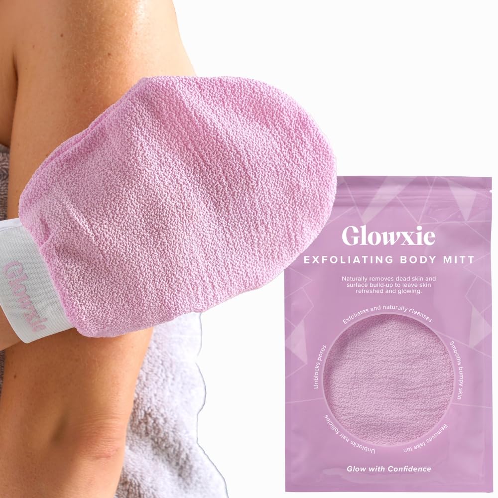 Glowxie Exfoliating Glove and Body Mitt - Naturally Removes Dead Skin Leaving Smoother Skin - Double Sided - Targets Keratosis Pilaris, Congested Skin, Acne, Ingrown Hairs & Fake Tanning