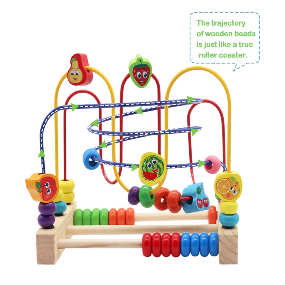 Nuheby Labirinto Roller Coaster con Frutta Bead Maze Gioco Perline Giochi Educativi 3 Anni Giochi in Legno con 3 Tracce di Colore Diverse Giochi in Legno per Bambini 3+ Anni