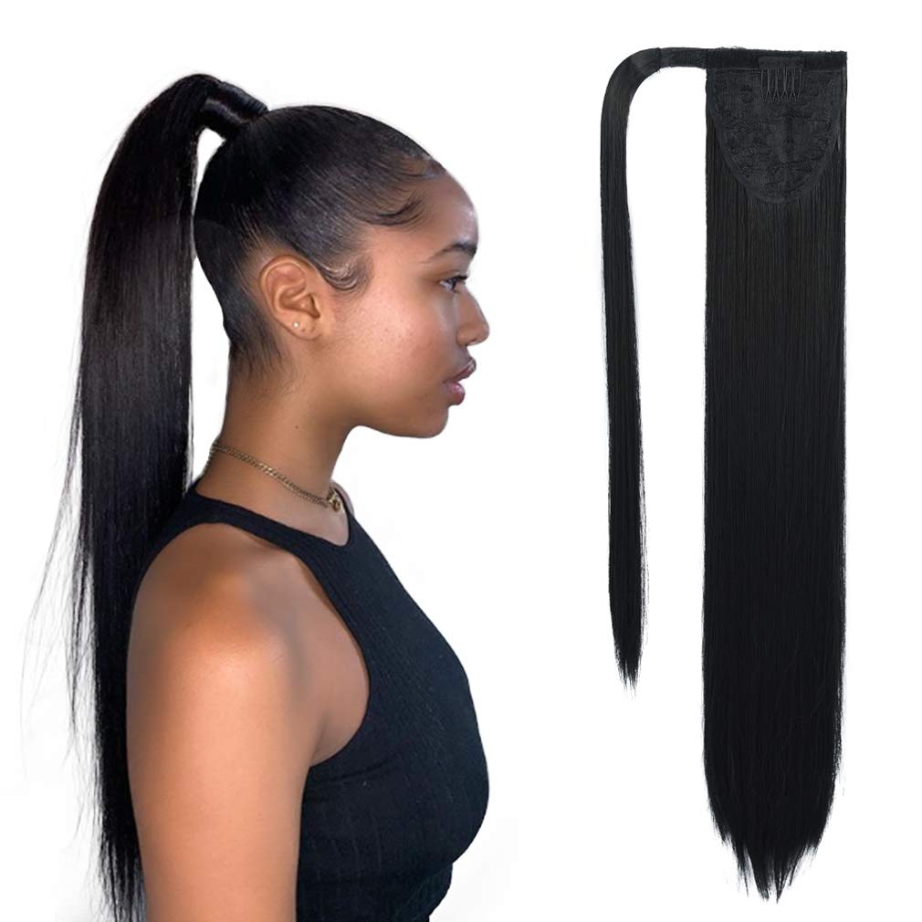 SEIKEA Clip in Ponytail Extension Wrap Around Long Straight Pony Tail Hair 28 Inch Synthetic Hairpiece - Black