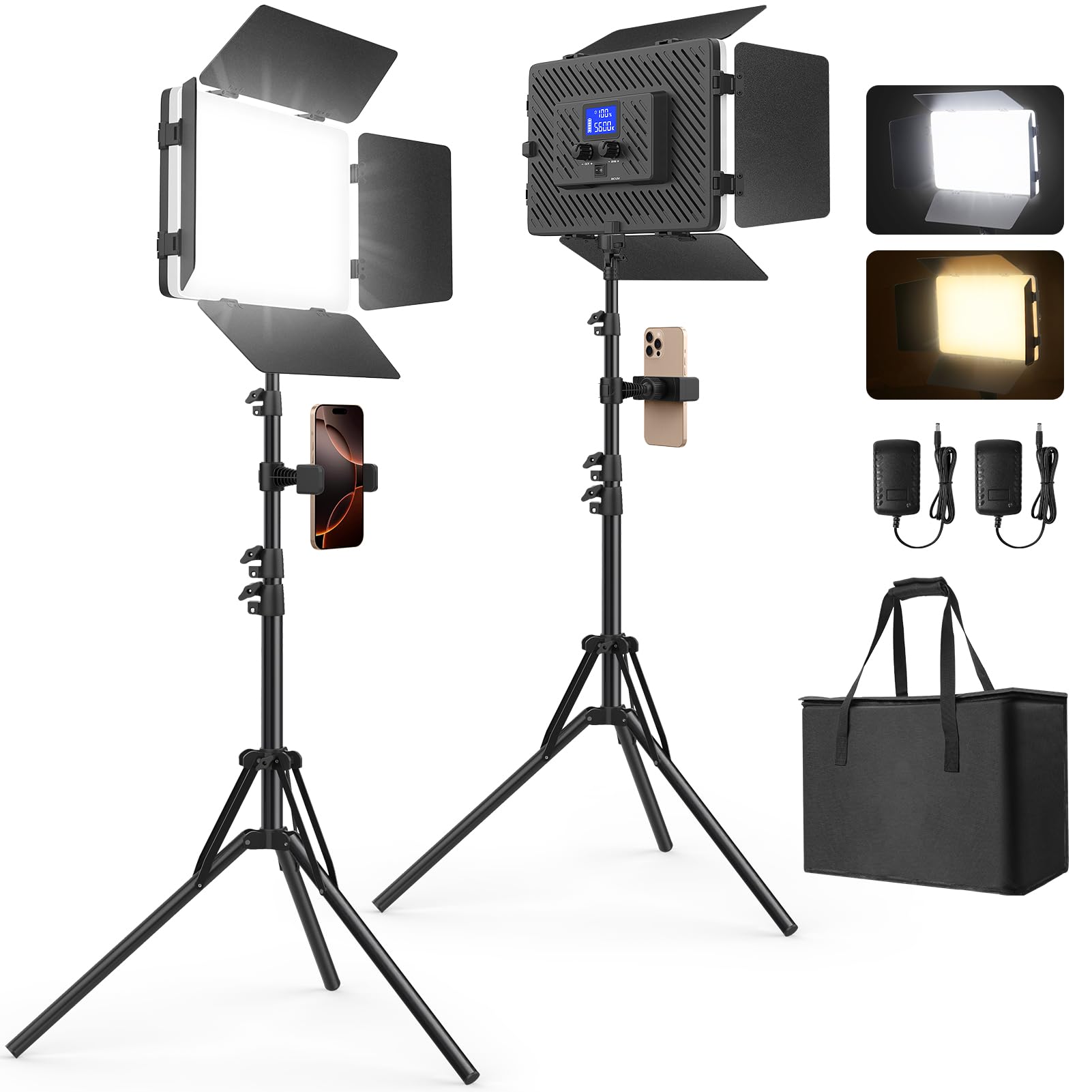 Photo 1 of 2 Pack Led Video Light Kit with Stand, Kmasic Photography Light Panel Built-in 8000mAh & LCD Display, 2200Lux 2500K-8500K Soft Studio Light for Video Recording Game Live Streaming YouTube TikTok