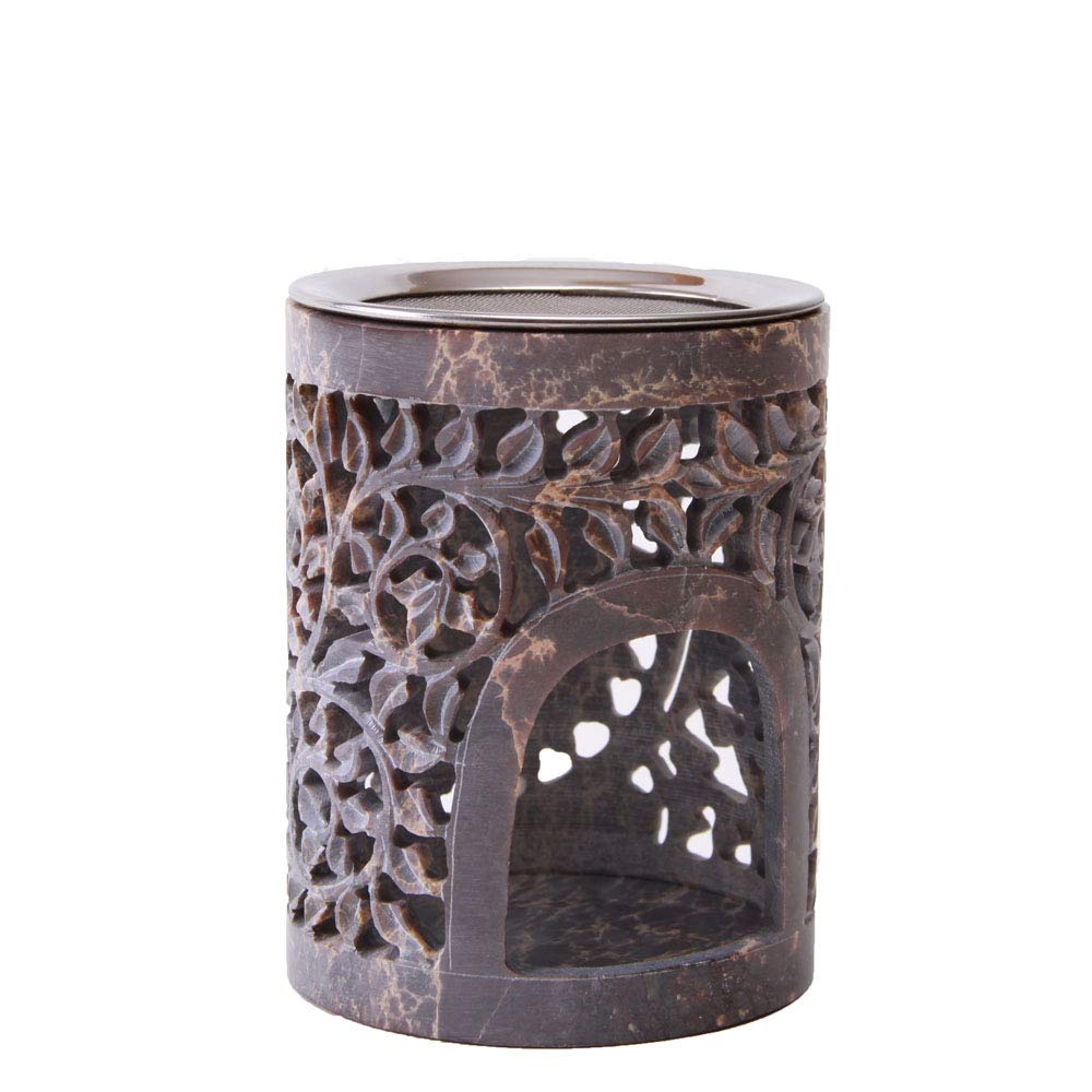 Bitto Lotos Incense Burner, Height 12 cm, Diam. 9 cm, with Stainless-Steel Sieve, Diam. 9 cm, Soapstone with Vine Pattern